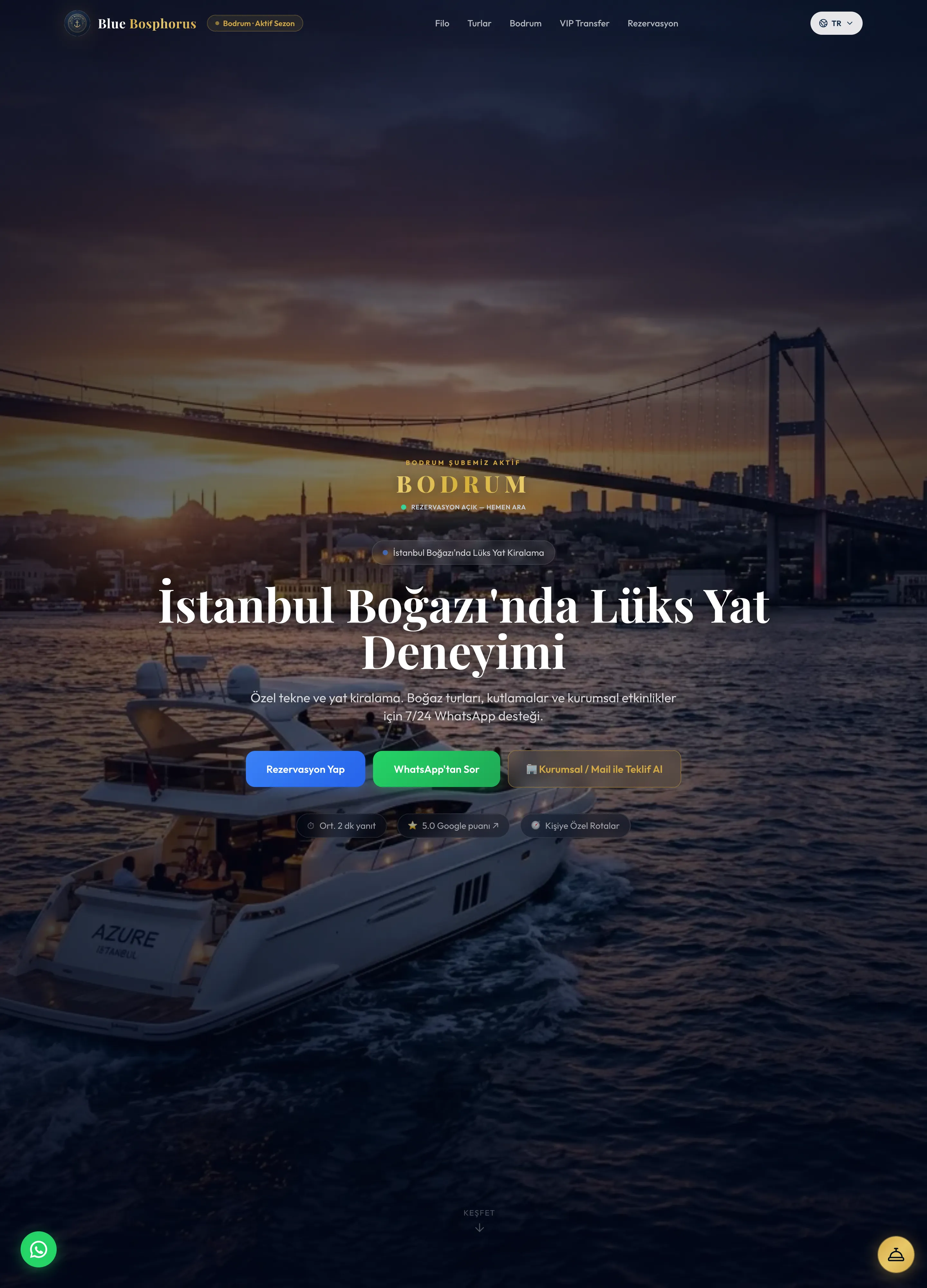 Blue Bosphorus yat kiralama web sitesi — Aperlai Studio tasarımı, masaüstü görünüm