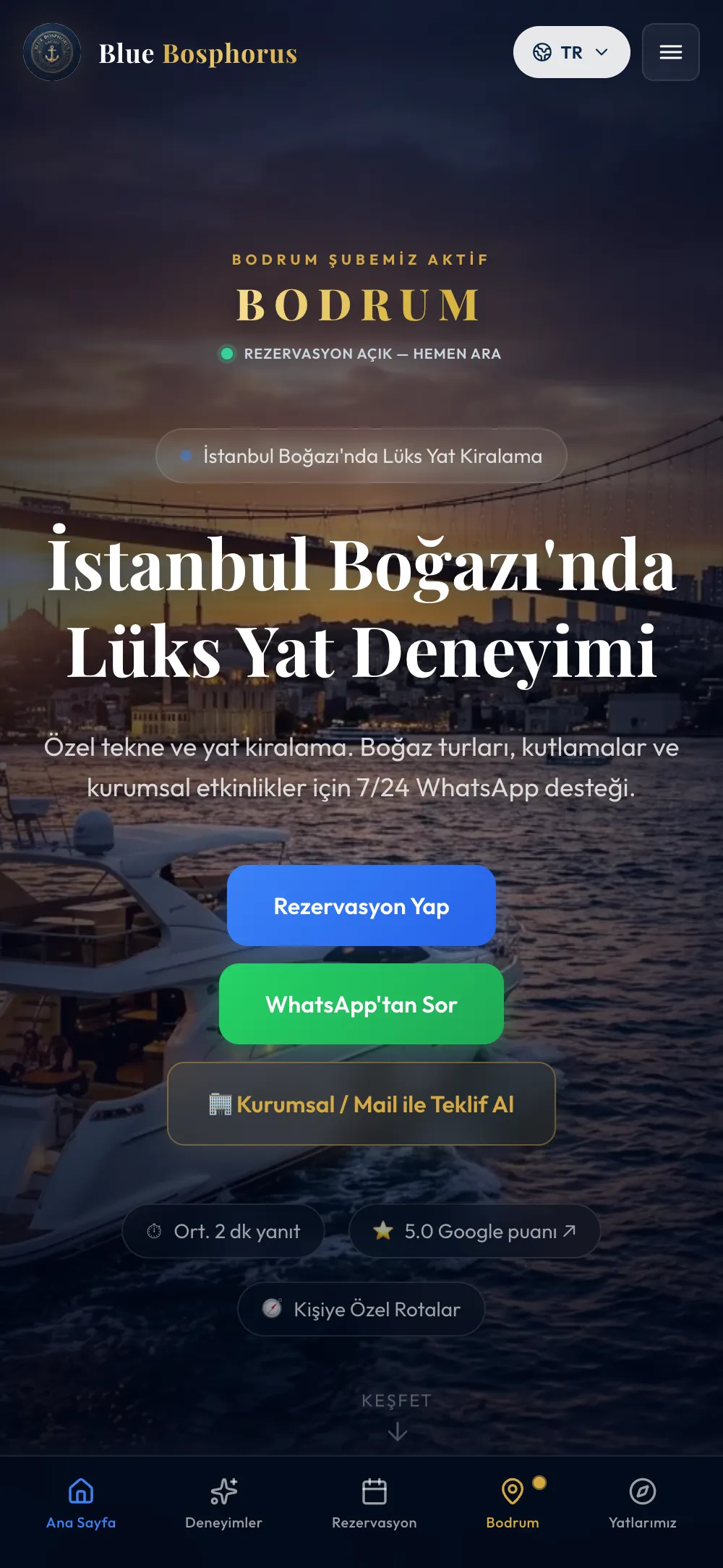 Blue Bosphorus web sitesi mobil görünüm — WhatsApp rezervasyon butonları