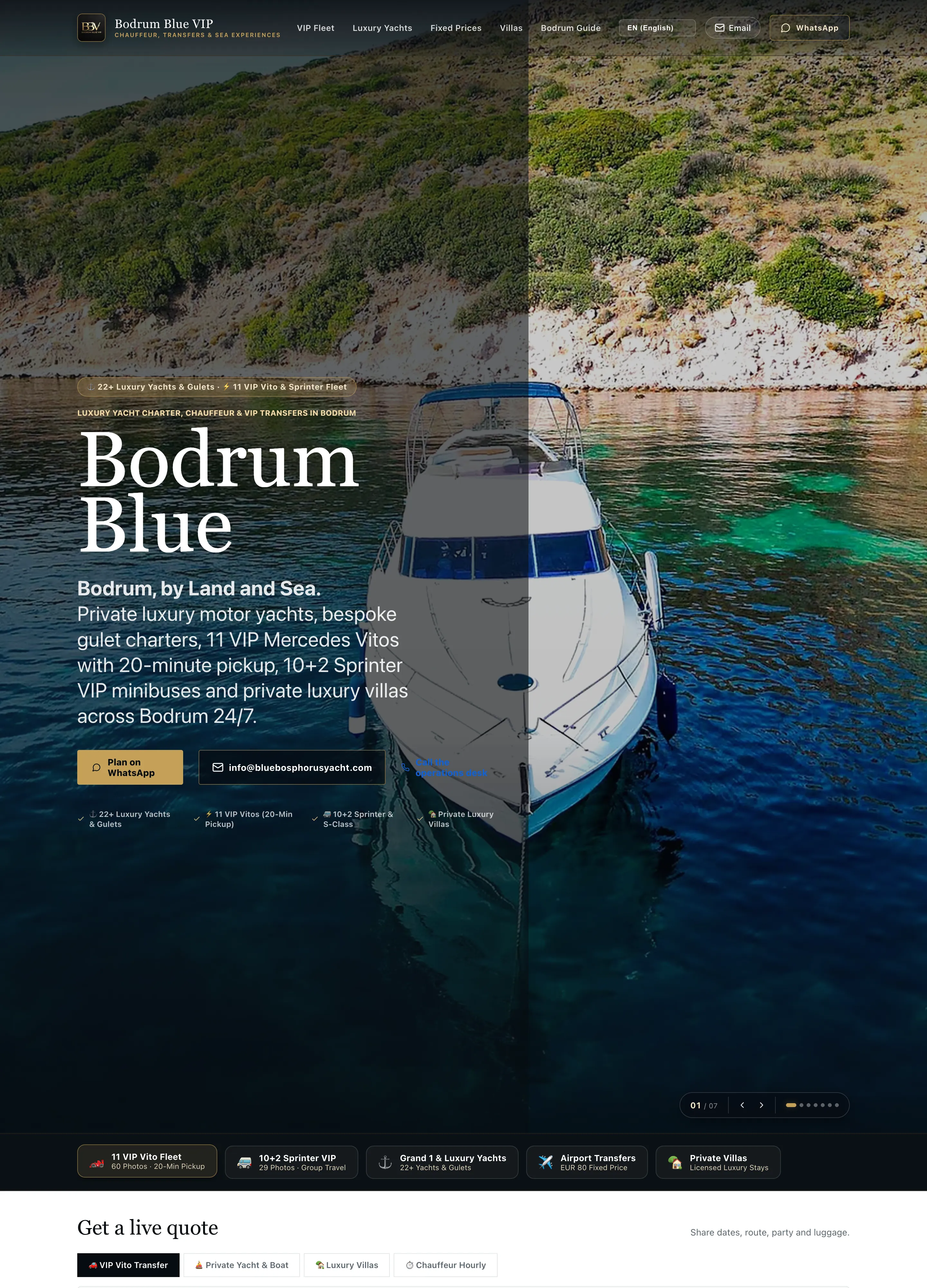 Bodrum Blue VIP transfer ve yat kiralama web sitesi — Aperlai Studio tasarımı, masaüstü görünüm