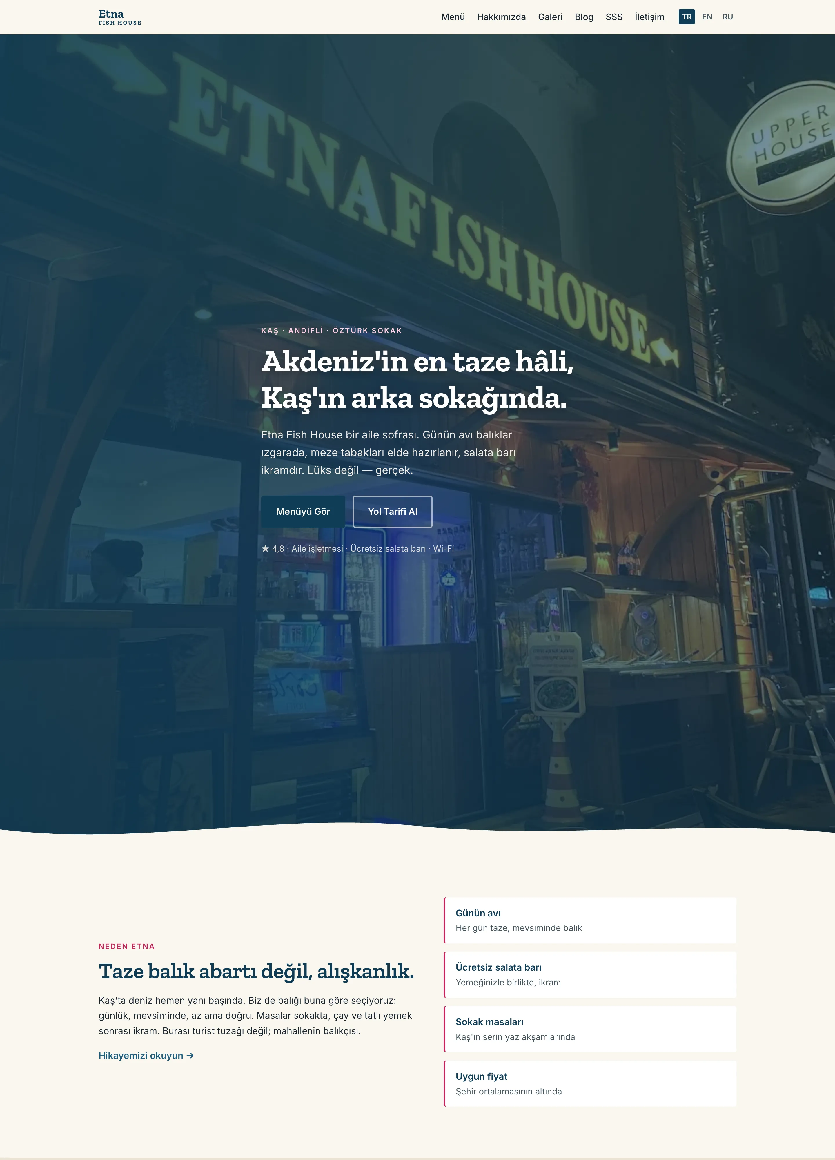 Etna Fish House web sitesi — Aperlai Studio tasarımı, masaüstü görünüm
