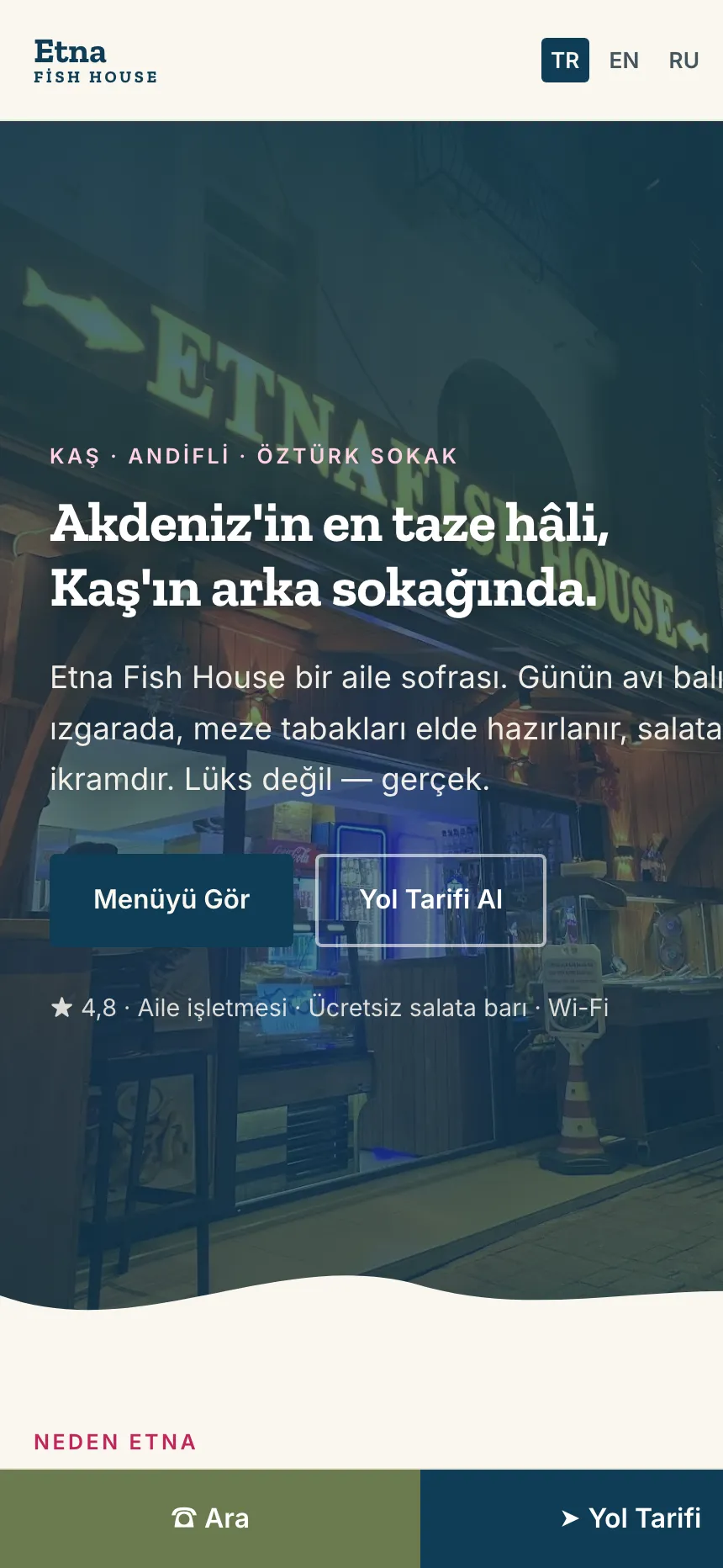 Etna Fish House web sitesi mobil görünüm
