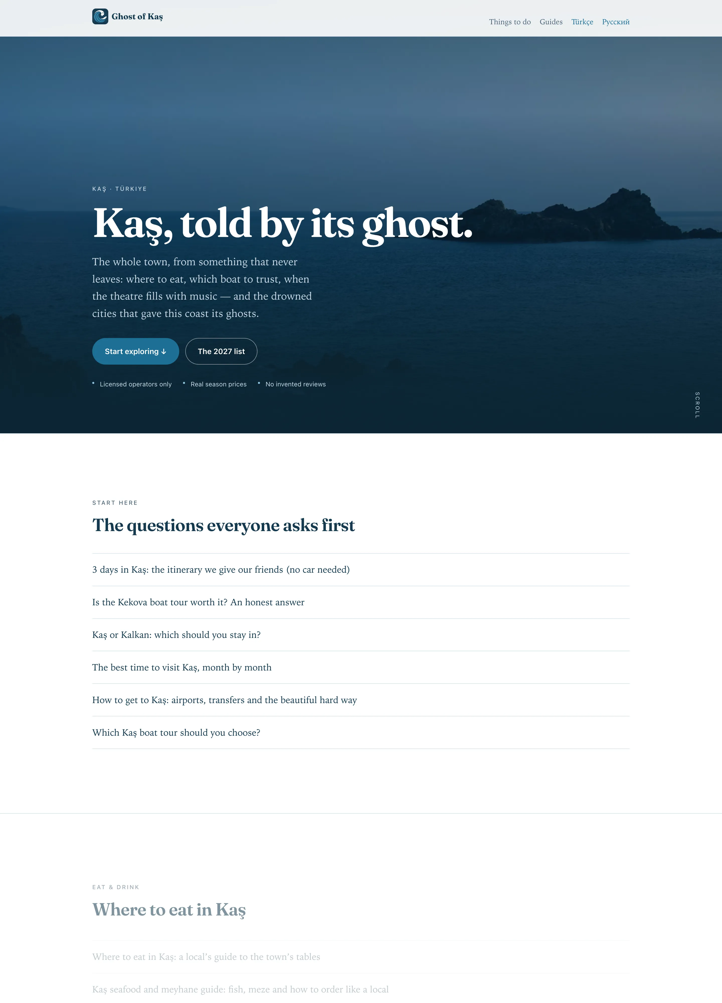 Ghost of Kaş web sitesi — Aperlai Studio’nun kendi tur markası, masaüstü görünüm
