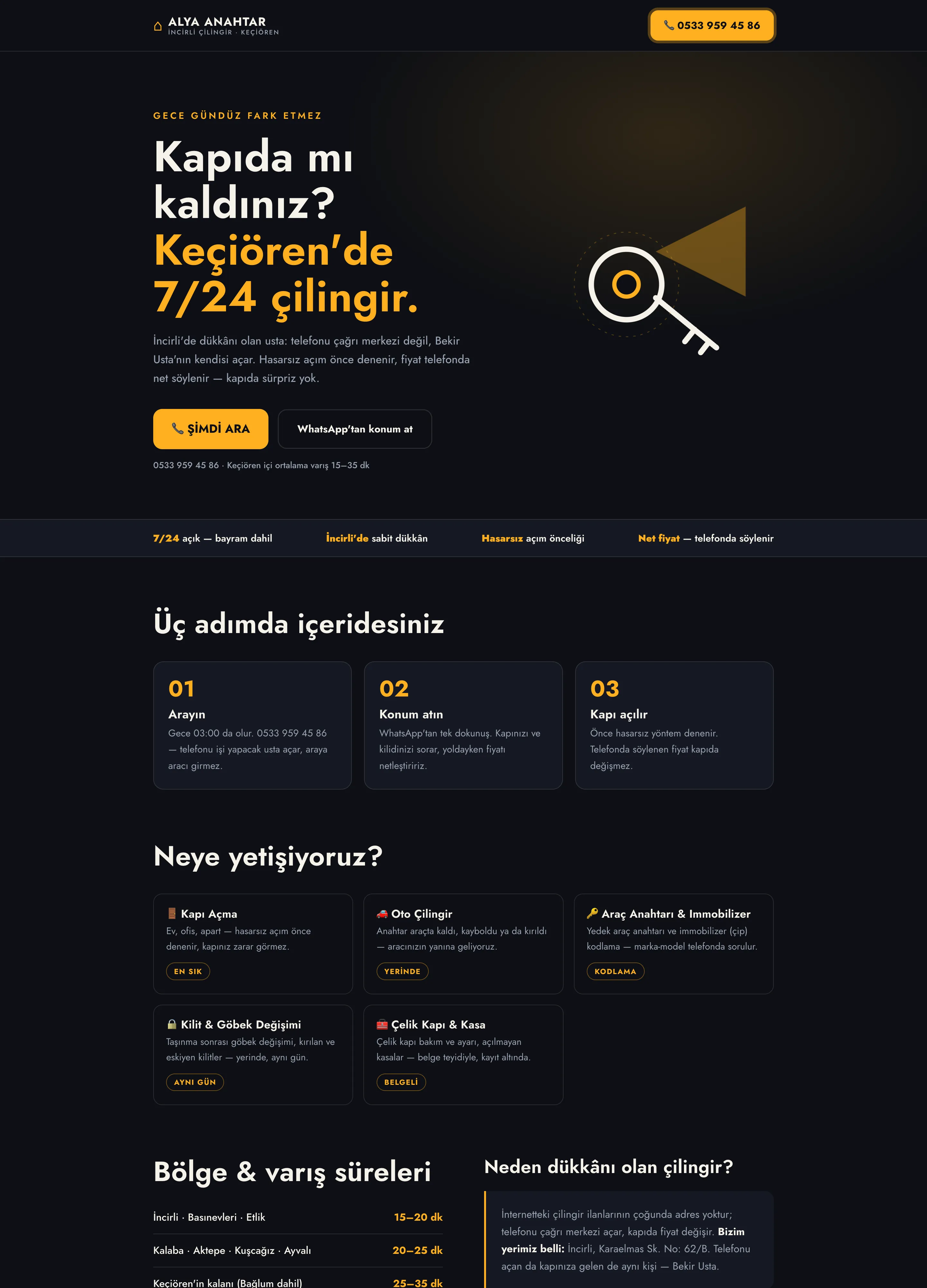 İncirli Çilingir Alya Anahtar web sitesi — Aperlai Studio tasarımı, gece temalı masaüstü görünüm
