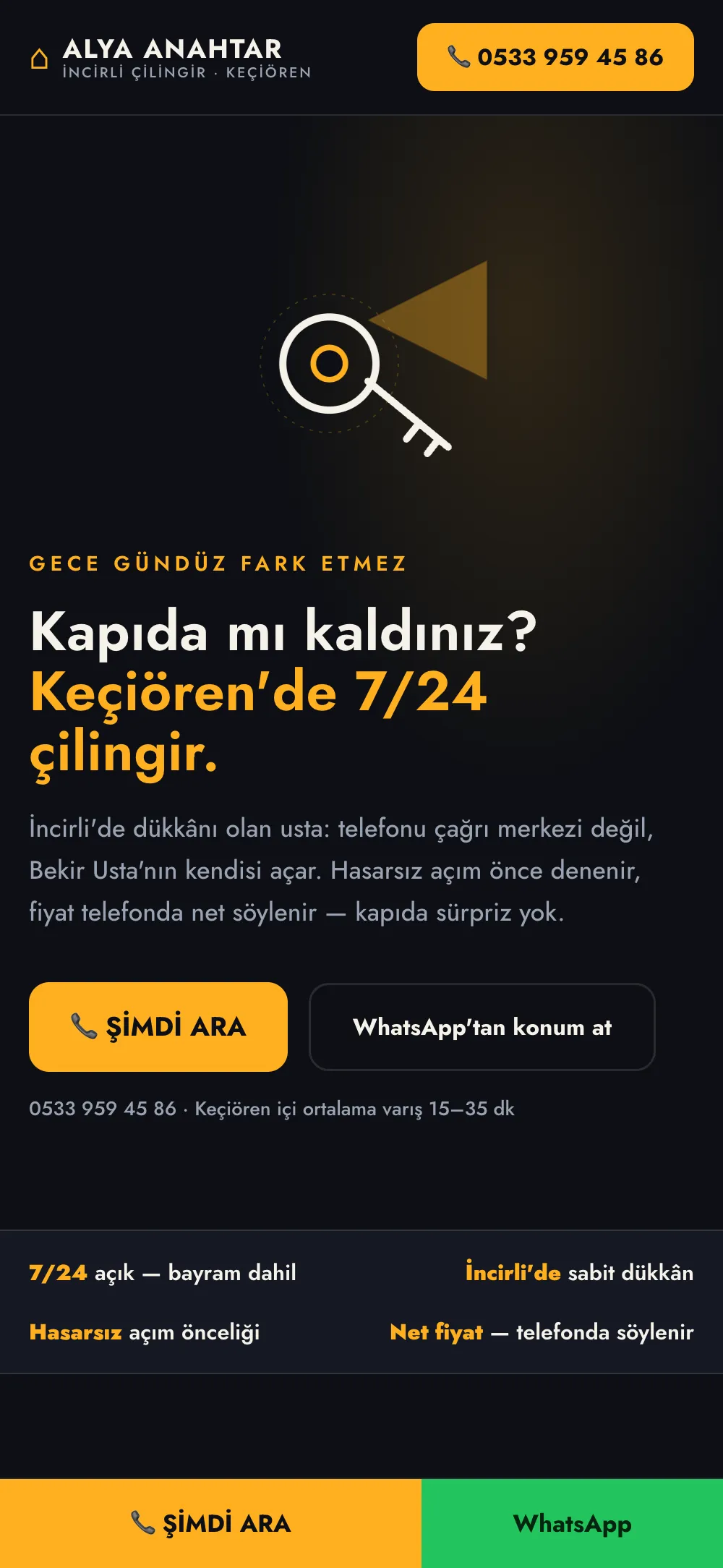 İncirli Çilingir web sitesi mobil görünüm — tek dokunuş arama butonu